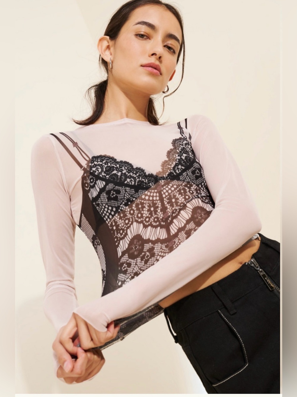 AFRM Kaylee Twofer Illusion Sheer Pink and Black Top small